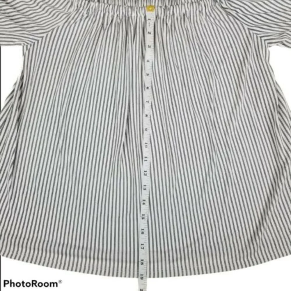 LOFT Blouse Medium Navy Blue Pinstripe Off the Shoulder Puff Sleeve Striped Top